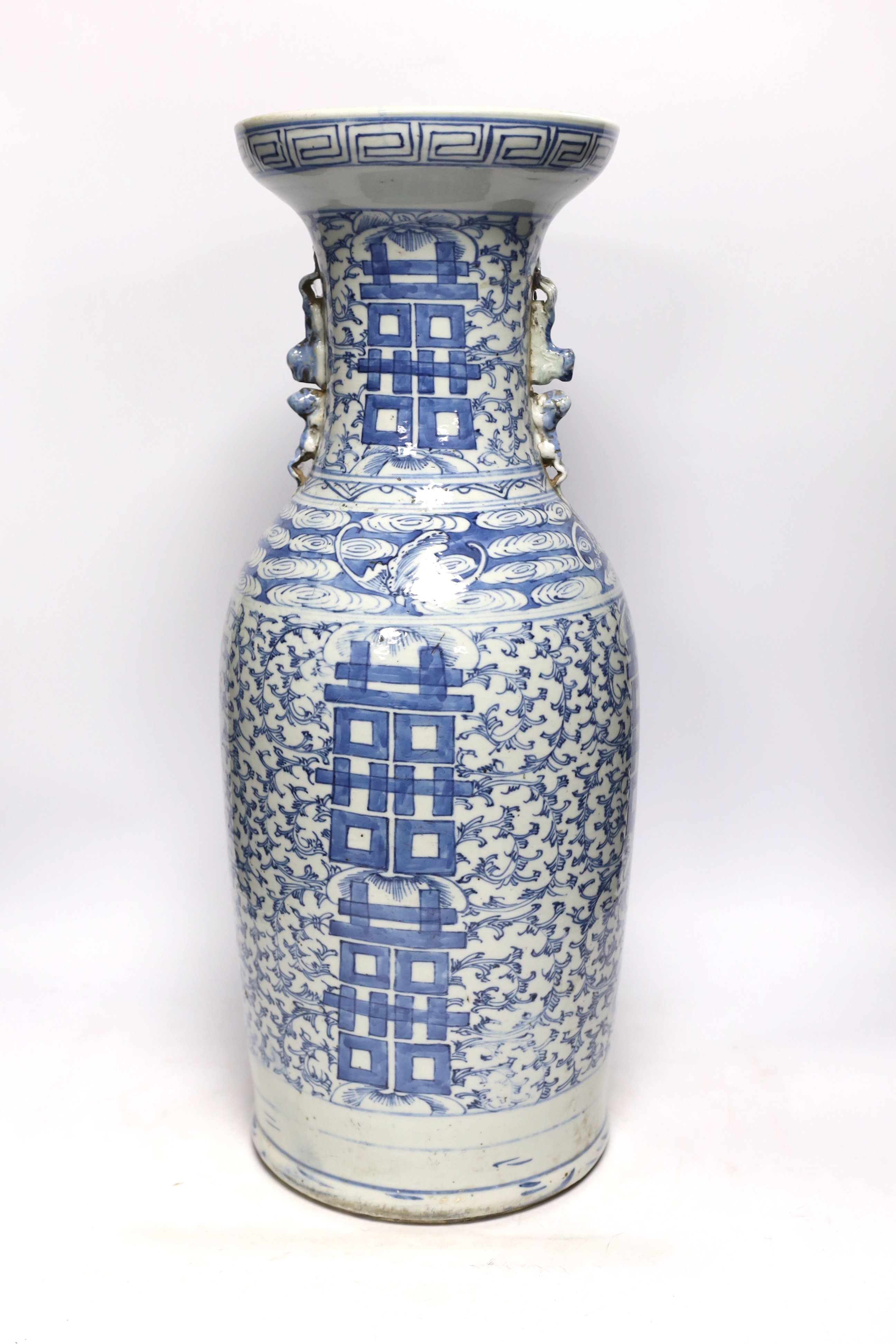 A Chinese blue and white ‘shuangxi’ baluster vase, early 20th century, 57cm high